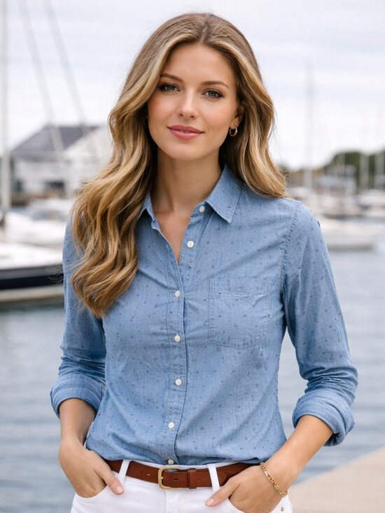 J. Crew Tops - J.Crew Nautical Anchor Chambray Denim Popover Shirt - Blue - Size Small
